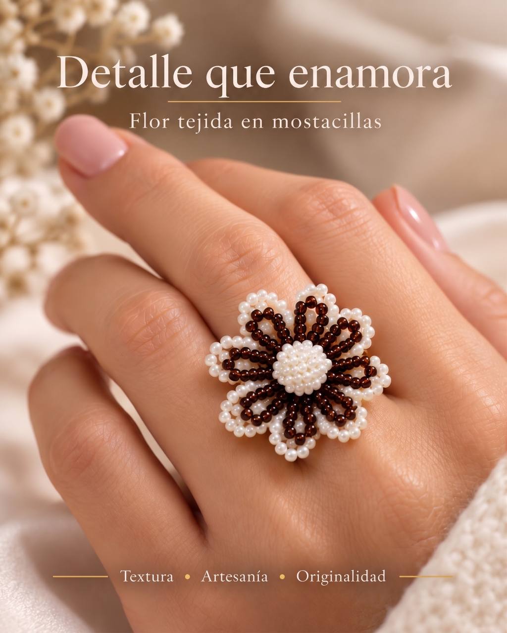 Foto real del anillo Flor de Café, tejido con mostacillas café y blanco perlado